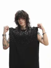 ノースリーブTシャツ ユニセックス クルーネック スター柄 クロス ラインストーン ルーズ アメリカン風 上品 ペア ストリート 「Mz」