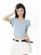 2点セット レディース スクエアネック 半袖Tシャツ クロップド ミニスカート ハイウエスト 白 甘辛MIX