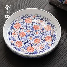 青花模様の陶製お茶セット用トレー【高級感ある蓋付き茶碗・点心皿】
