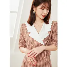 レトロチェックのAラインスカートと短袖トップス【小柄対応・ビジネススタイル・女性用】（セットアップ対応）