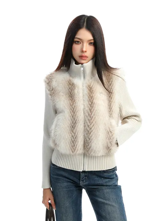 デザインニットとエコファーのスタンドカラー暖かショートコート【女性用・カジュアル】