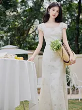 美しい刺繍のフレアドレス【夏用・フランス風・フィッシュテールデザイン】