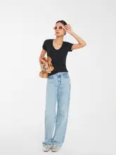 DiscoGlam スーピマコットン製 レディース Uネック ホワイト 半袖 Tシャツ【フィット感・ノースリーブ】