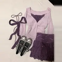 レースデザインの紫色ワンピース【春夏用・気品あるスタイル・ショートスカート・セットアップ対応】