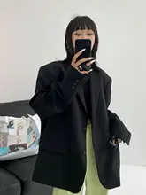 カジュアル肩パッド付きロングジャケット【ブラック・大きいサイズ・ゆったりフィット・春秋用】