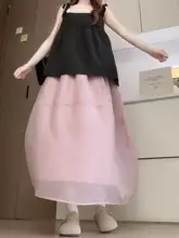 夏用ピンクAラインスカート【ウエストゴム・軽やかなオーガンジー・広がるデザイン】（セットアップ対応）