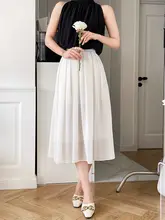高腰シフォンプリーツスカート【夏用・白・ミディ丈・やわらかデザイン・小柄向け】