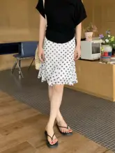 優雅なドット柄のレース付きAラインスカート【夏用・ハイウエスト・カジュアル】