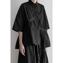 鹿人デザイン 不対称プリーツ クールなゆったりフィットショートスリーブシャツ