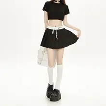 黒色のプリーツスカート【高腰・夏用・フレッシュデザイン】（セットアップ対応）