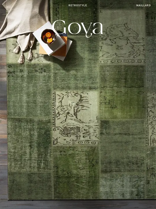 ラグ ヴィンテージ 上品 洗える 拭ける グリーン リビング ベッドサイド 寝室「Goya」