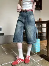 ヴィンテージ風ダークブルー五分丈デニムパンツ【夏用・ハイウエスト・ストレート・ワイドレッグ】