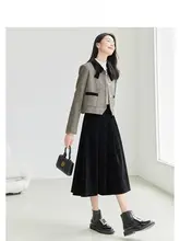 黒のベルベットウールハイウェスト膝丈スカート【Aライン・冬用・女性用】