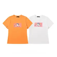 レトロな犬プリントのラウンドネック半袖Tシャツ【女性用・夏用・スリムフィット】