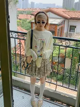 黄色印花デザインの長袖Tシャツ【カジュアル・短めスカートパンツ・夏用】（セットアップ対応）