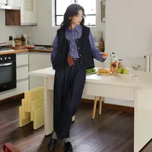 深い青色デニムストレートパンツ【レトロデザイン・ワイドレッグ・フィット】（セットアップ対応）