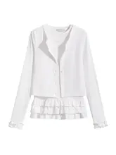 春にぴったり！白色のリボン付き半袖Tシャツと長袖ジャケット【女性用・トレンドデザイン】（セットアップ対応）