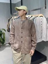 中華風立襟長袖コットンリネンシャツ【男女兼用・藍染めデザイン・ヴィンテージスタイル】