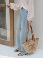 LILI EDIT ハイウエストデニムパンツ【破れデザイン・ストレート・夏用・脚長効果】