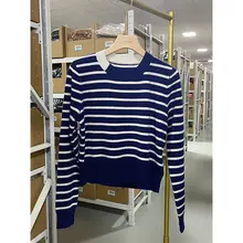 ストライプ柄のショート丈ニットセーター【100%カシミヤ・秋冬用・パートカラー】