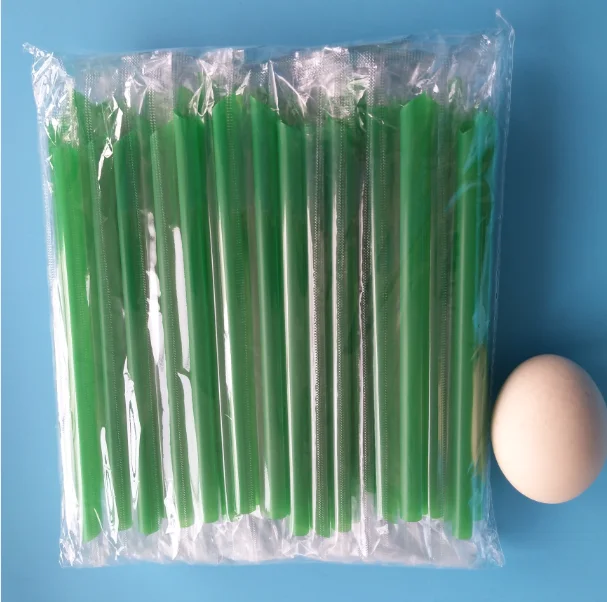 使い捨て緑豆スムージー用プラスチックストロー【中太・個包装・緑色】