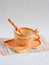 猫デザインの陶器製コーヒーカップ【ハンドメイド・家庭用・オフィス用】
