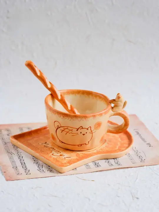 猫デザインの陶器製コーヒーカップ【ハンドメイド・家庭用・オフィス用】