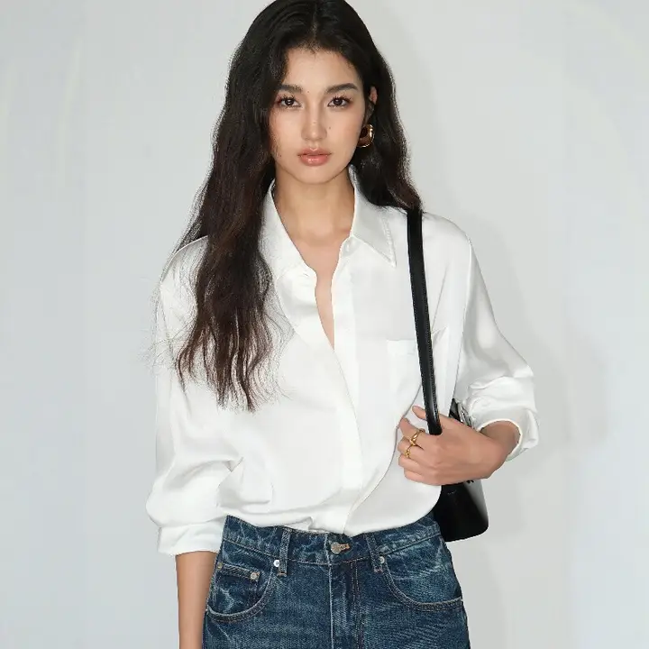 艶やかなサテン長袖シャツ【ゆったりしたデザイン・女性用・個性的なスタイル】
