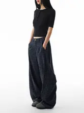 チェック柄パンツ【レトロスタイル・ストレート・ゆったり・ボトムス】