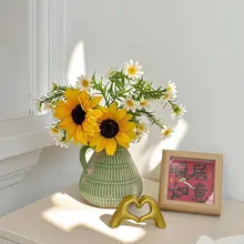 陶器製の花瓶【イミテーションのひまわり・インテリアデコレーション・リビング用・デスクトップ装飾】