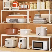 キッチン用伸縮式収納ラック【電子レンジ対応・棚付き・多用途】