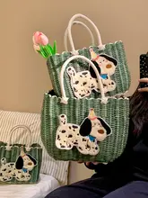 かわいい犬デザインの手提げ買い物かご【ラタン風・大容量・収納・バス用】