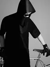 ワッフル生地のメタルナイロン接続袋付き半袖Tシャツ【ブラック・袖袋デザイン】