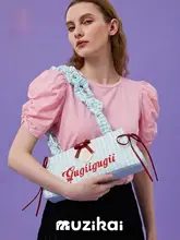 バゲット型デザインの女性用ショルダーバッグ【チェック柄・リボン付き・夏用】
