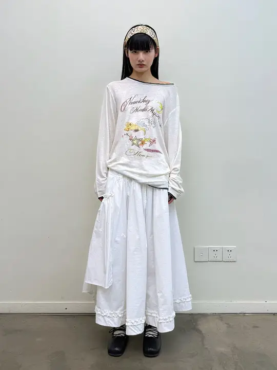 麻素材のラフなデザイン！小犬プリント長袖Tシャツ
