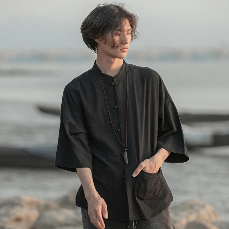 夏用リネン半袖中山シャツ【カジュアル・男士・薄手】