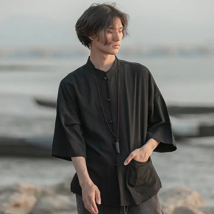 夏用リネン半袖中山シャツ【カジュアル・男士・薄手】