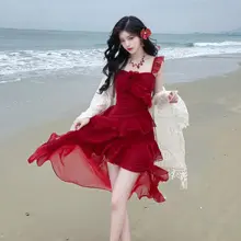 海辺のリゾートに最適！不規則デザインのキャミソールドレス【夏用・シフォン・ビーチスタイル】