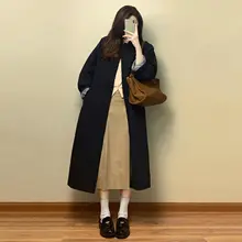 深青色のトレンチコート【レディース・中長丈・おしゃれ・韓国風・イギリススタイル】