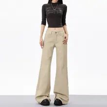 デニムフレアパンツ レディース ローウエスト 着痩せ アメカジ ヴィンテージ カーキ フロア丈 春 秋「FKUG」