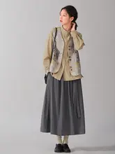 高腰Aラインスカート【グレー・リネンコットン・春用・通勤・着痩せ効果】
