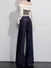 深いブルーの梨形ワイドパンツ【レトロ・ハイウエスト・ストレートデザイン】