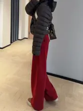 暗赤色の加厚加绒ワイドストレートパンツ【高腰・冬用・女性用】（セットアップ対応）
