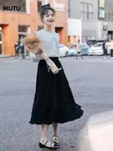 高腰ブラックプリーツスカート【フレンチデザイン・Aライン・レディース・秋用】