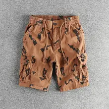 ヴィンテージ風プリントワークショートパンツ【夏用・多ポケット・ゆったりフィット】