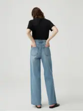 LRRE 洗い加工高腰ストレートデニムパンツ【レディース・ゆったり・カジュアル・スリム効果】