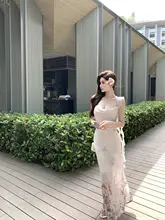 kubiliv フラワープリント スリーブフリル付き ロングワンピース【ウエスト絞り・リゾート用】