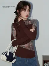 レトロチェック柄メッシュ切替長袖Tシャツ【春用・スリムフィット・魅力的なデザイン】