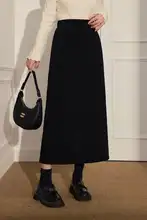 大きいサイズのレディース黒コーデュロイハイウエストスリットマキシスカート【冬用・スタイリッシュ】（セットアップ対応）