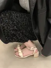 フランス風ハイヒールオープントゥサンダル【黒・粗いヒール・ローマスタイル・夏用】